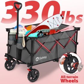 Sekey 330LBS 220L Collapsible Wagon Cart, Foldable Garden Wagon, Heavy Duty Folding Utility 600D Oxford Fabric Beach Cart with Big Wheel for Camp