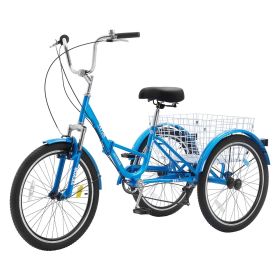 VEVOR Folding Adult Tricycle, 24-Inch 7-Speed Adult Folding Trikes, Carbon Steel 3 Wheel Cruiser Bike with Basket & Adjustable Seat